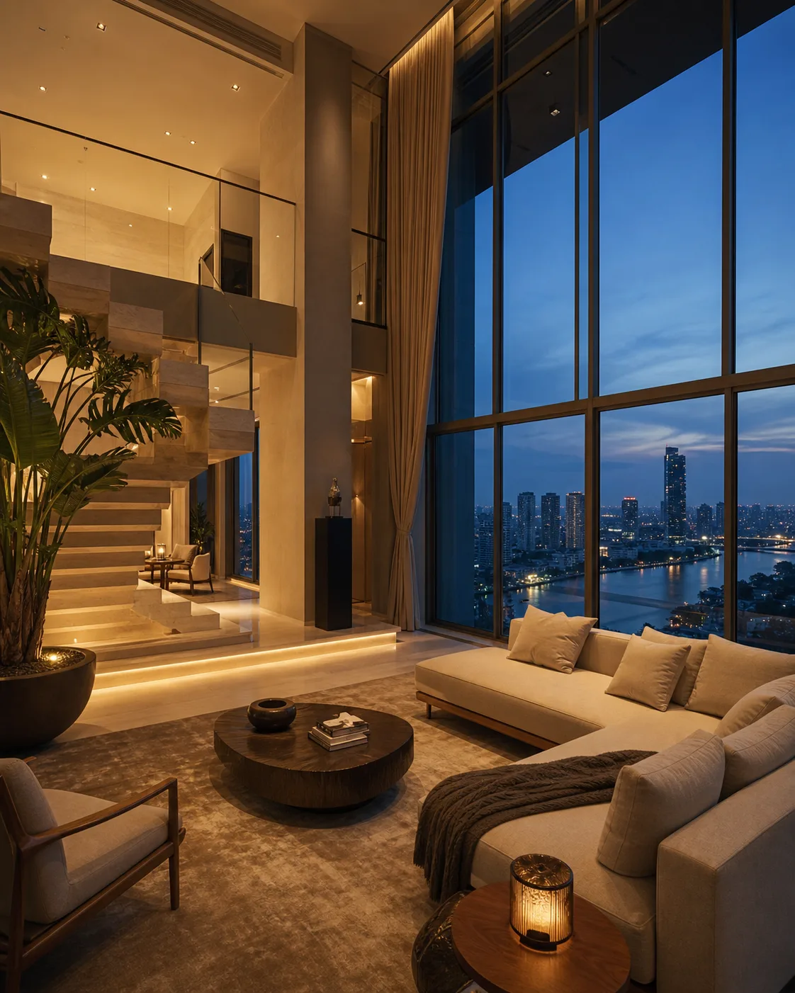 Warm penthouse living room overlooking the Bangkok skyline at dusk