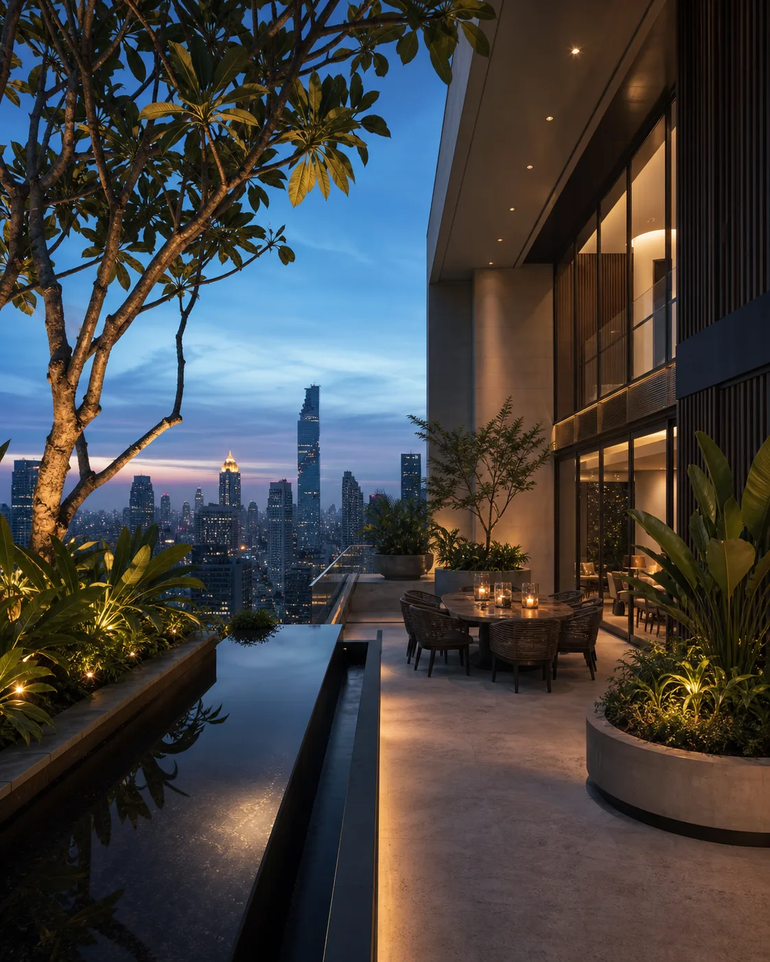 Private landscaped rooftop terrace above the Bangkok skyline at blue hour