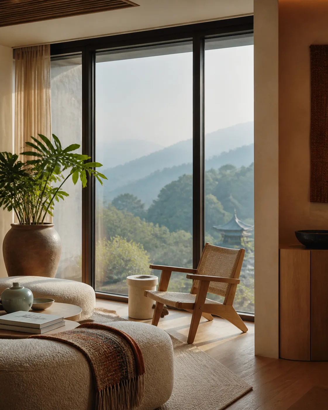 Warm contemporary Chiang Mai condo interior overlooking forested mountains
