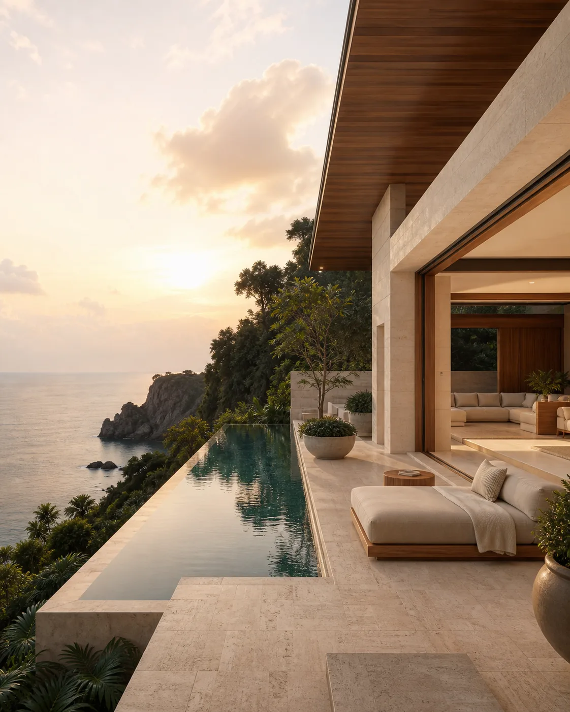 Poolside residence overlooking the sea in Phuket at sunset
