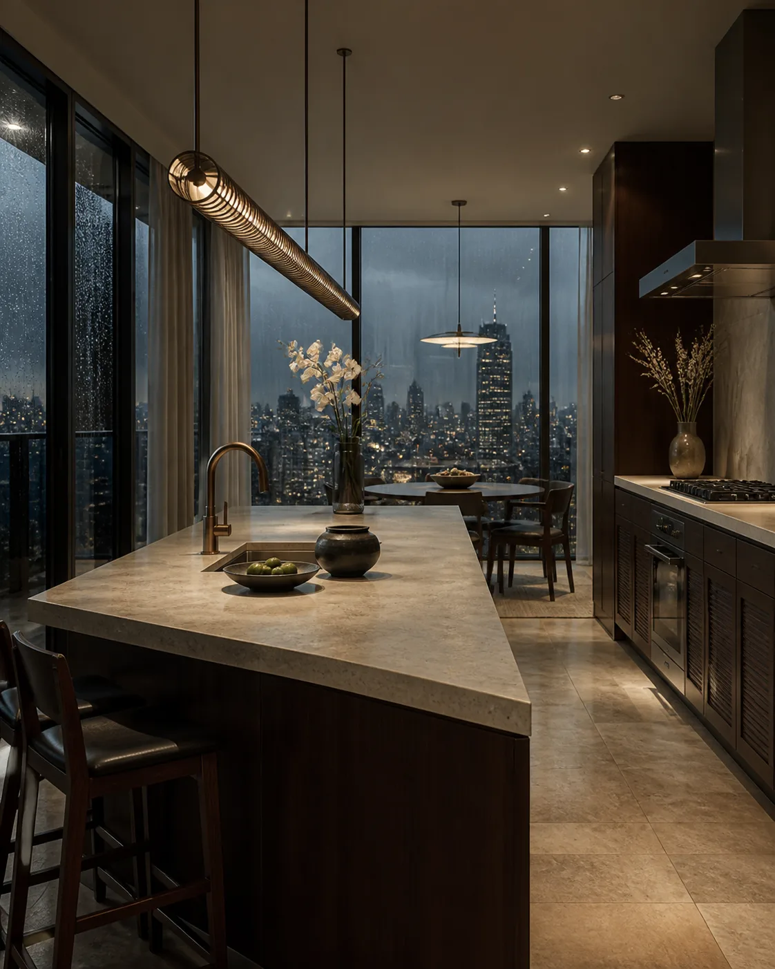 Refined dark teak penthouse kitchen overlooking rainy Bangkok