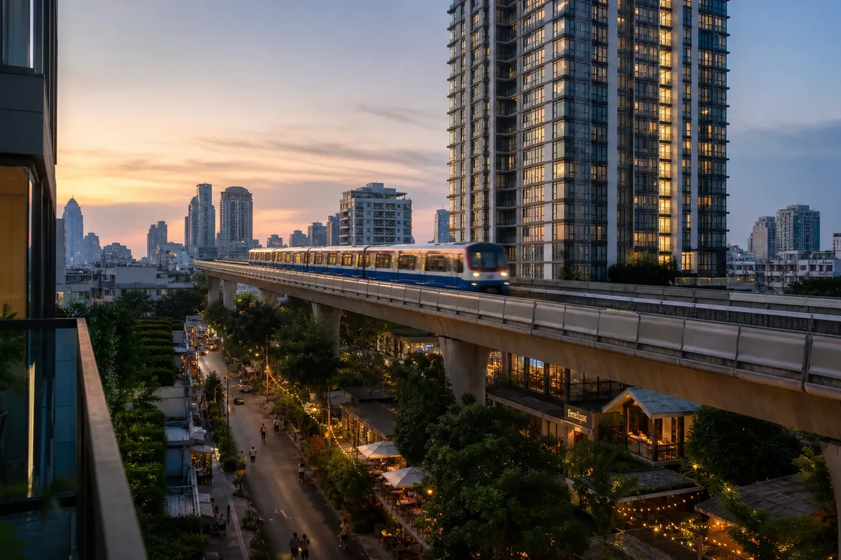 Bangkok residential buildings connected by elevated rail near Chatuchak