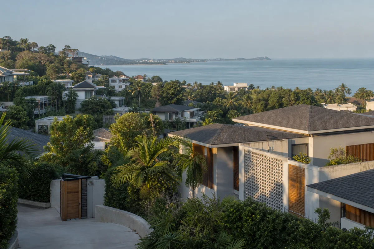 Contemporary Koh Samui homes among coconut trees above the Gulf of Thailand