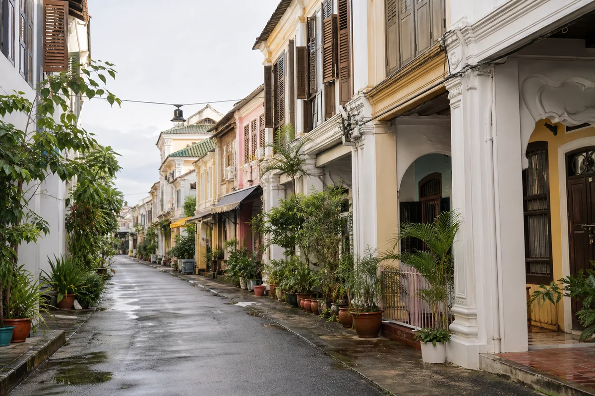 A quiet Phuket Town street lined with Sino-Portuguese homes after rain