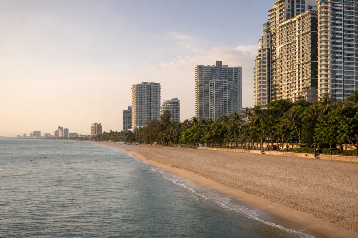 Jomtien beachfront with high-rise condominiums and a broad sandy shore