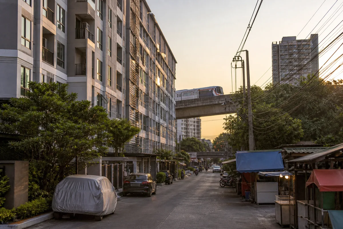 A modern residential street in On Nut, Bangkok