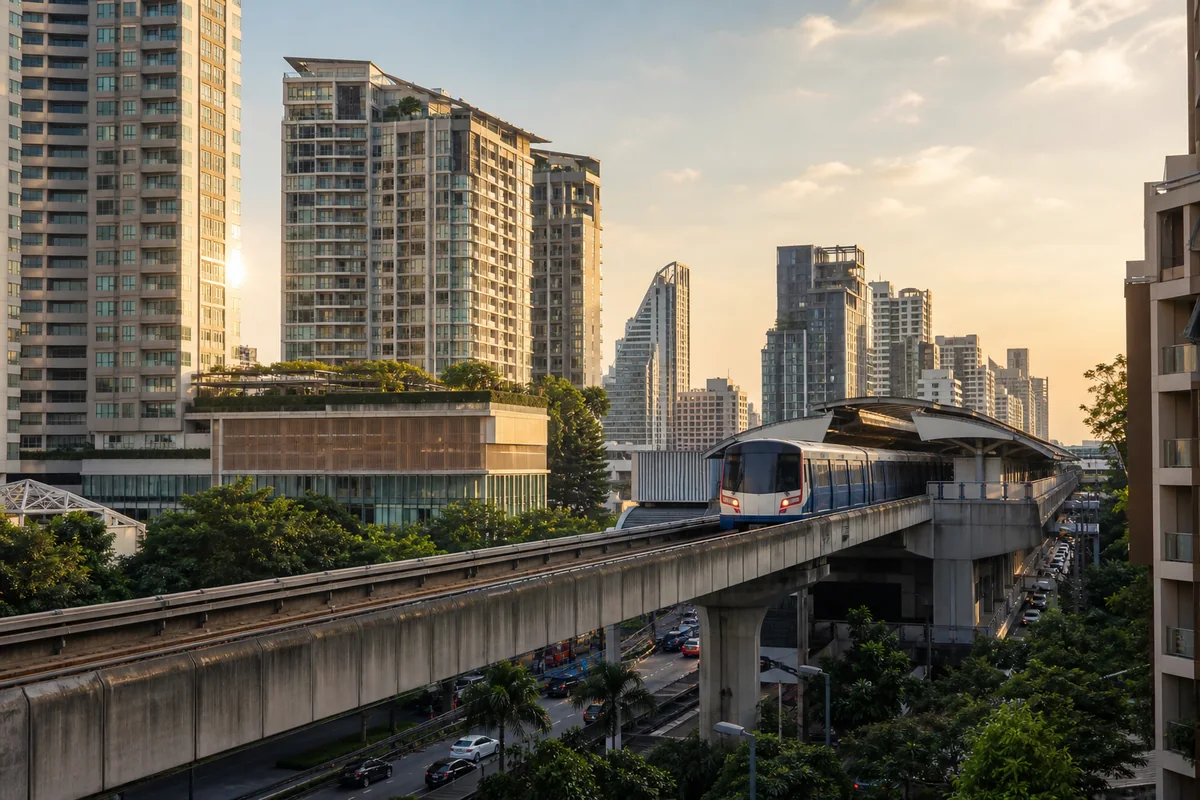 Sukhumvit condominiums beside Bangkok elevated rail and tropical streets