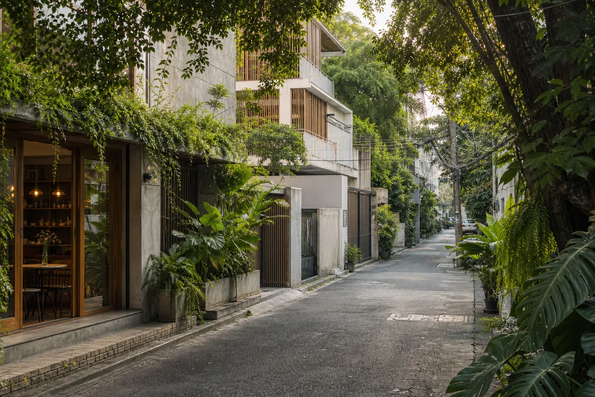 A leafy residential lane with contemporary homes in Thonglor, Bangkok